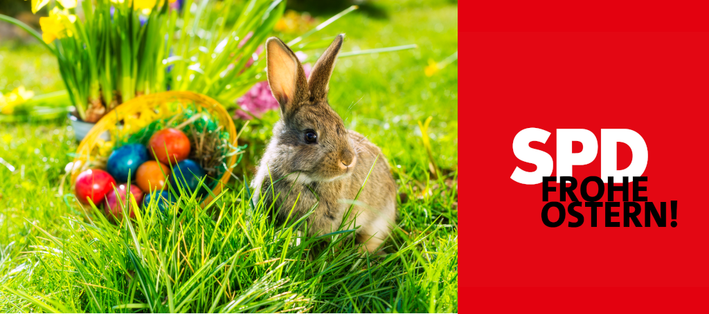 Ostergruß - Hase auf Wiese mit Ostereiern
